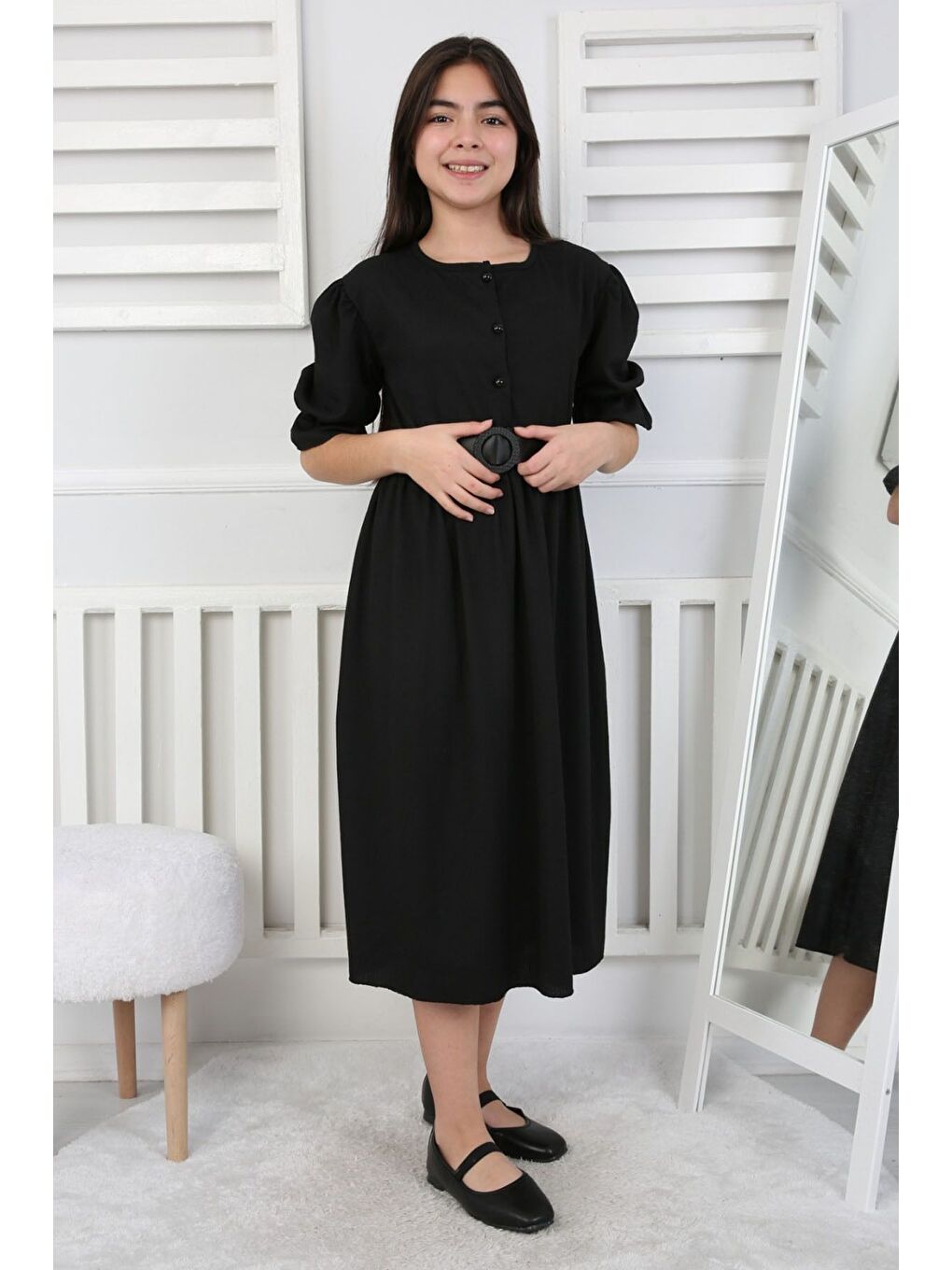 Siyah Beli Büzgü Ve Kemerli Kız Çocuk Elbise