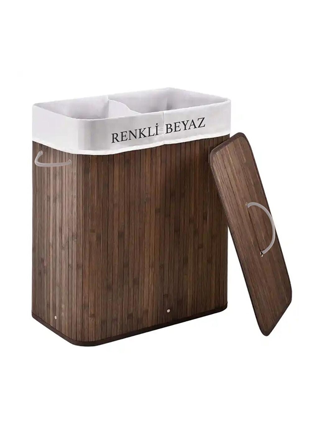 Kahverengi İki Bölmeli Bambu Naturel Çamaşır Sepeti - Mega Katlanabilir Çamaşır Sepeti 52x33x63 cm 100 Lt Kahve-3