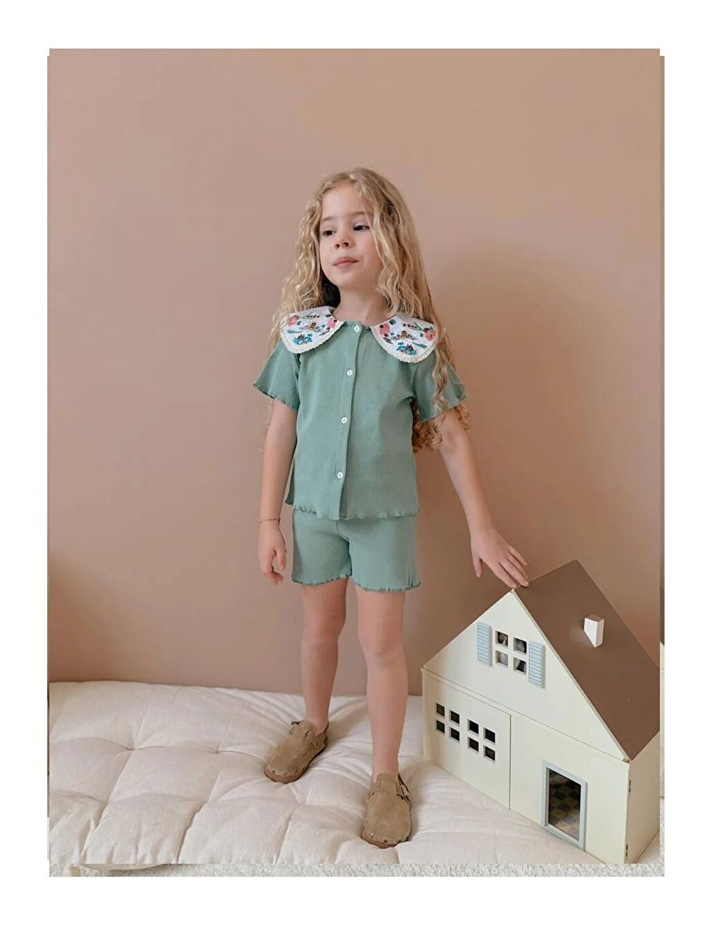 Turkuaz Nakışlı Bebe Yaka Kız Çocuk Takım