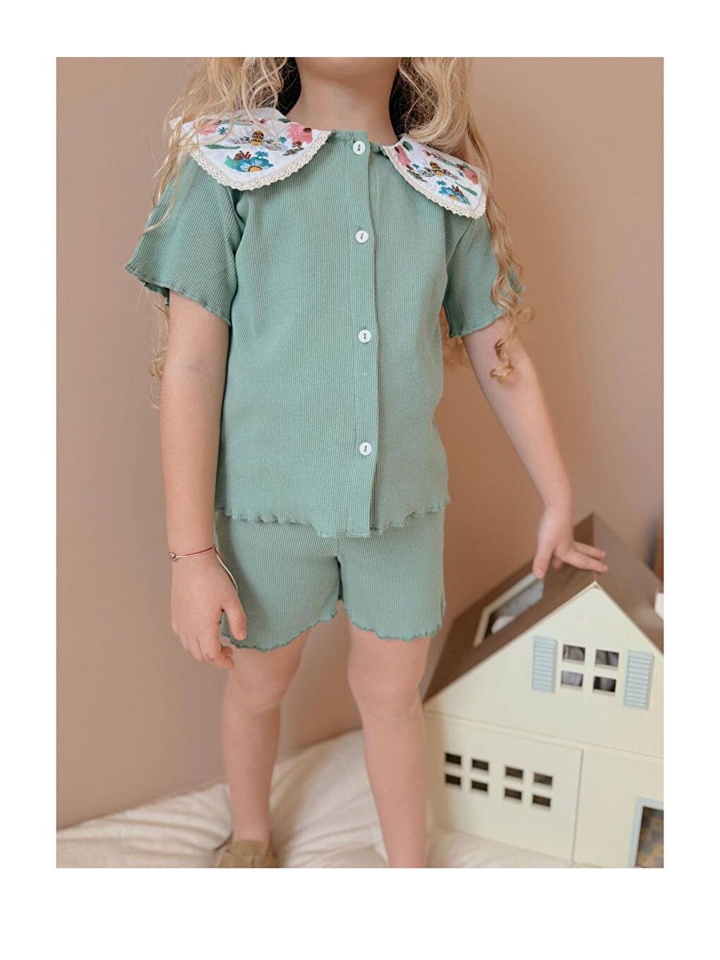 Turkuaz Nakışlı Bebe Yaka Kız Çocuk Takım-1