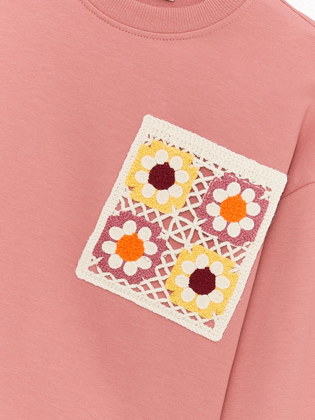 Pembe Kız Çocuk Çiçek Cepli Nakışlı SweatShirt-2