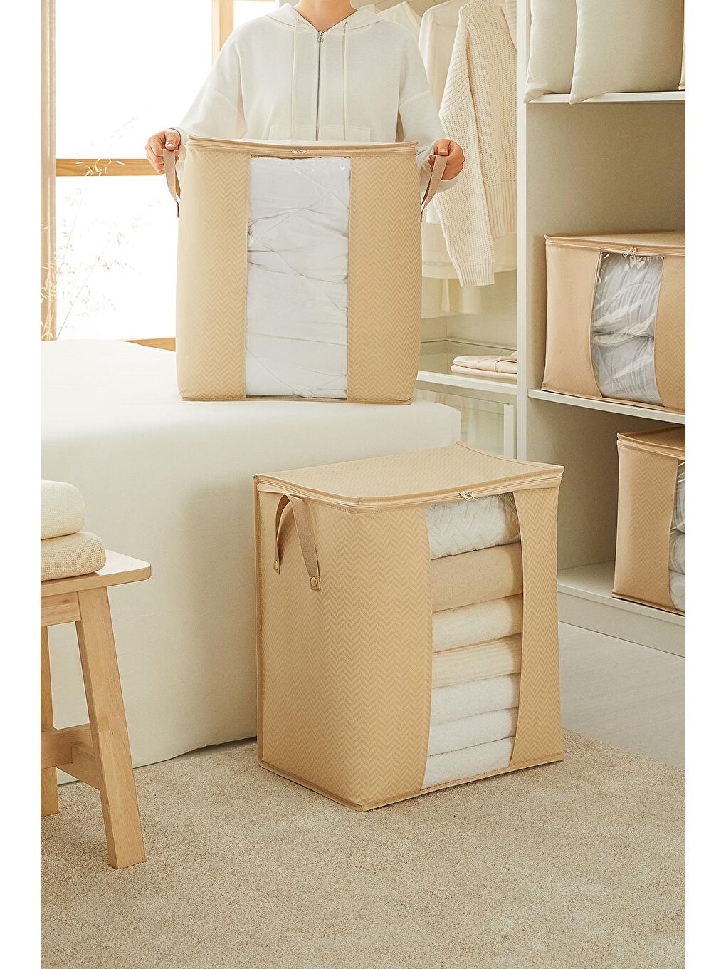 2'li Pvc Pencereli Bej Balıksırtı Hurç Set-1