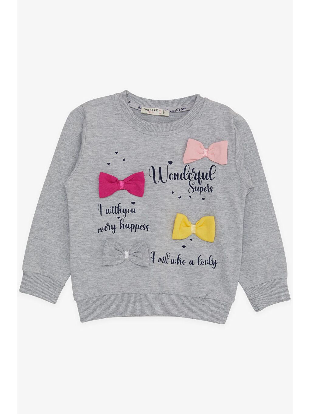 Kız Çocuk Sweatshirt Renkli Fiyonk Aksesuarlı Yazı Baskılı Gri Melanj (3 Yaş)