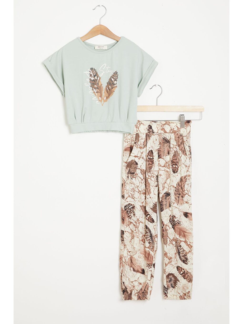 Yeşil Yaprak Baskılı Bluz Pantolon Kız Takım 15516