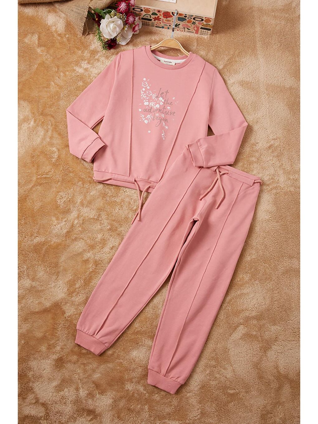 Pembe Gül Kurusu Adventure Yazılı Kız Eşofman Takımı 16691