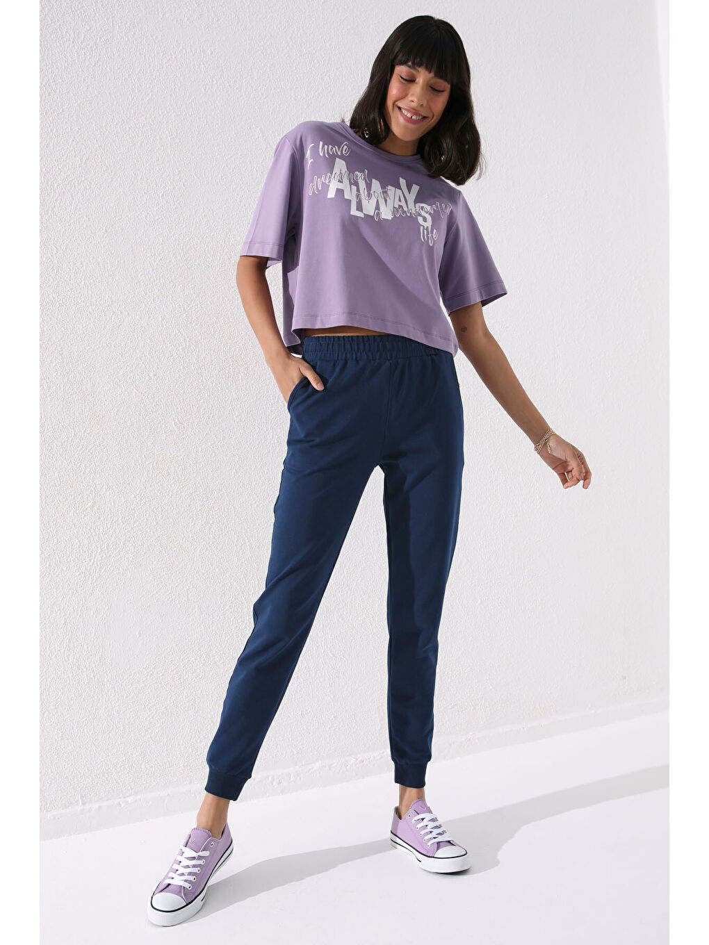 İndigo Yüksek Bel Jogger Rahat Form Manşetli Kadın Eşofman Alt - 94561-2