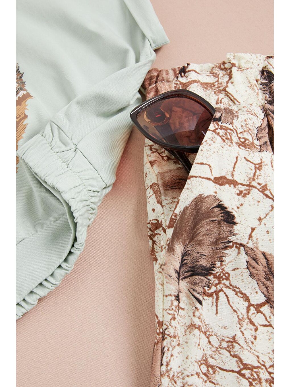 Yeşil Yaprak Baskılı Bluz Pantolon Kız Takım 15516-3