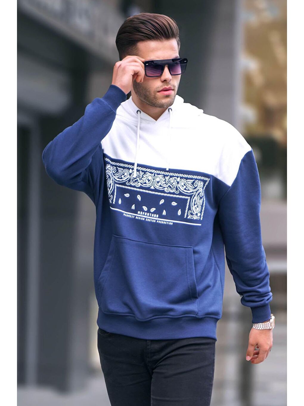 Madmext Lacivert Kapüşonlu Desenli Sweatshirt 6022