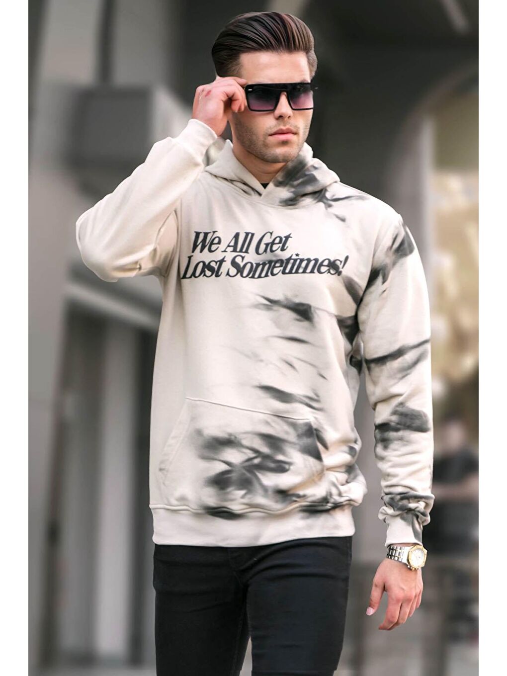 Madmext Bej Baskılı Kapüşonlu Sweatshirt 5897