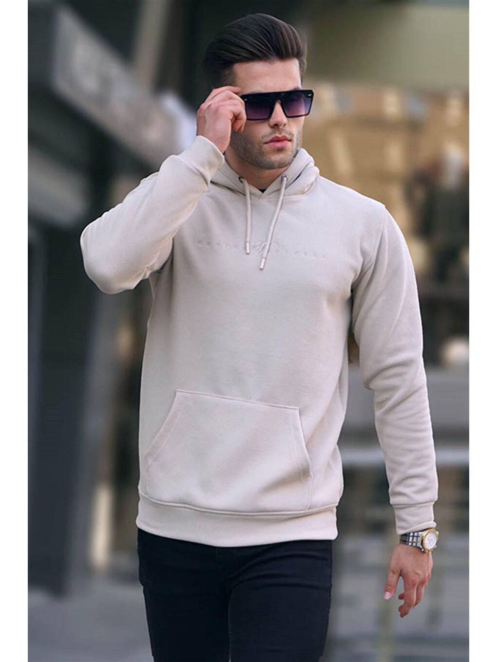 Madmext Bej Kapüşonlu Basic Sweatshirt 6014