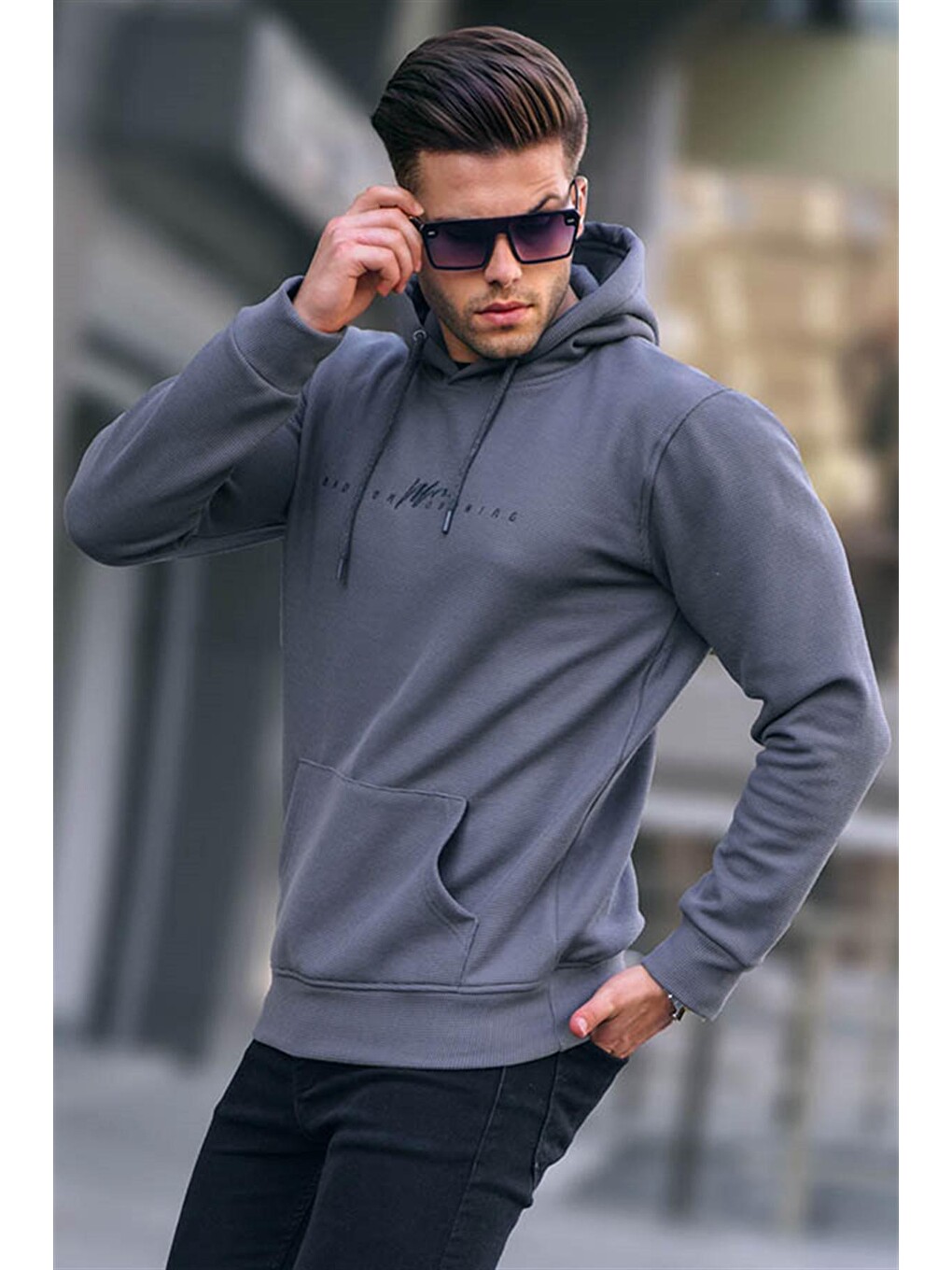 Gri Füme Kapüşonlu Basic Sweatshirt 6014
