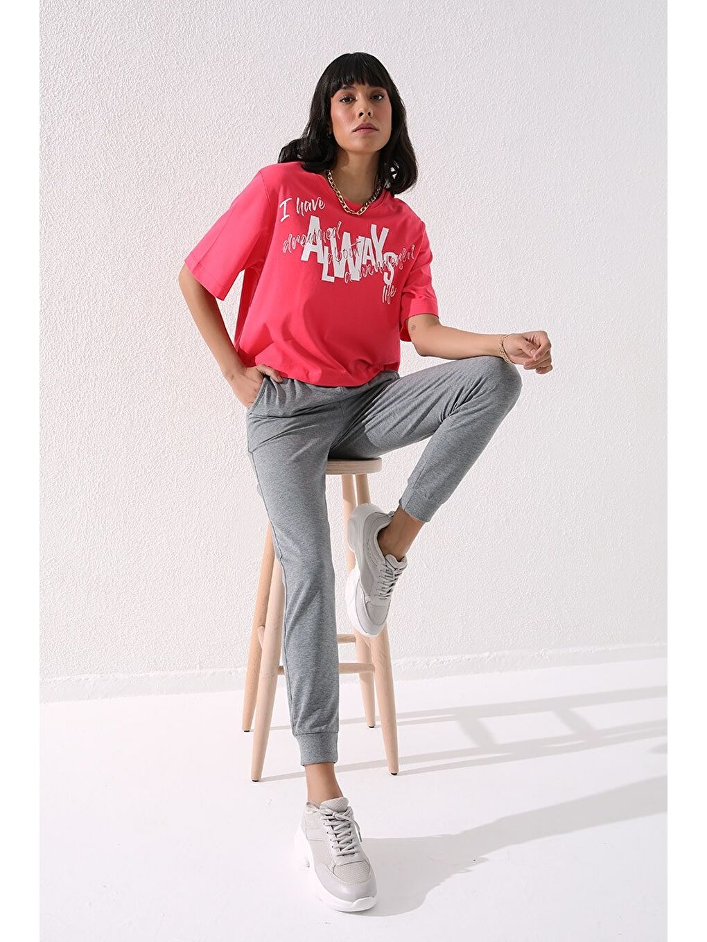 Gri Melanj Yüksek Bel Jogger Rahat Form Manşetli Kadın Eşofman Alt - 94561-2