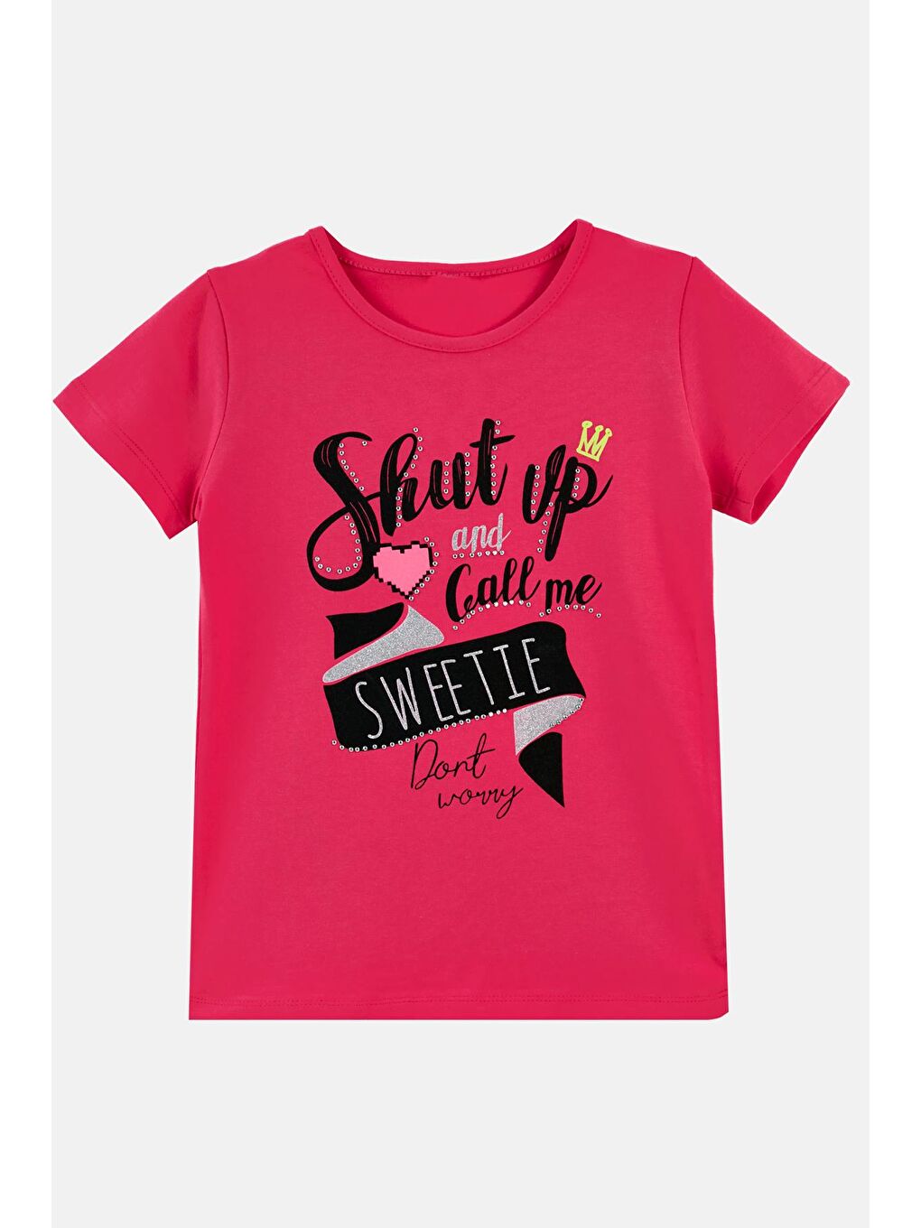 Fuşya Baskılı Bisiklet Yaka Pamuklu T Shirt 5982419