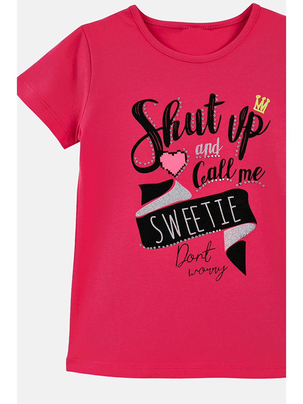 Fuşya Baskılı Bisiklet Yaka Pamuklu T Shirt 5982419-2