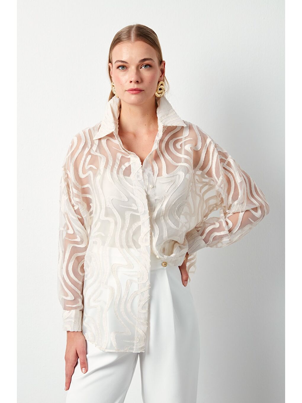 Bej Desenli Tül Gömlek - Taş-1