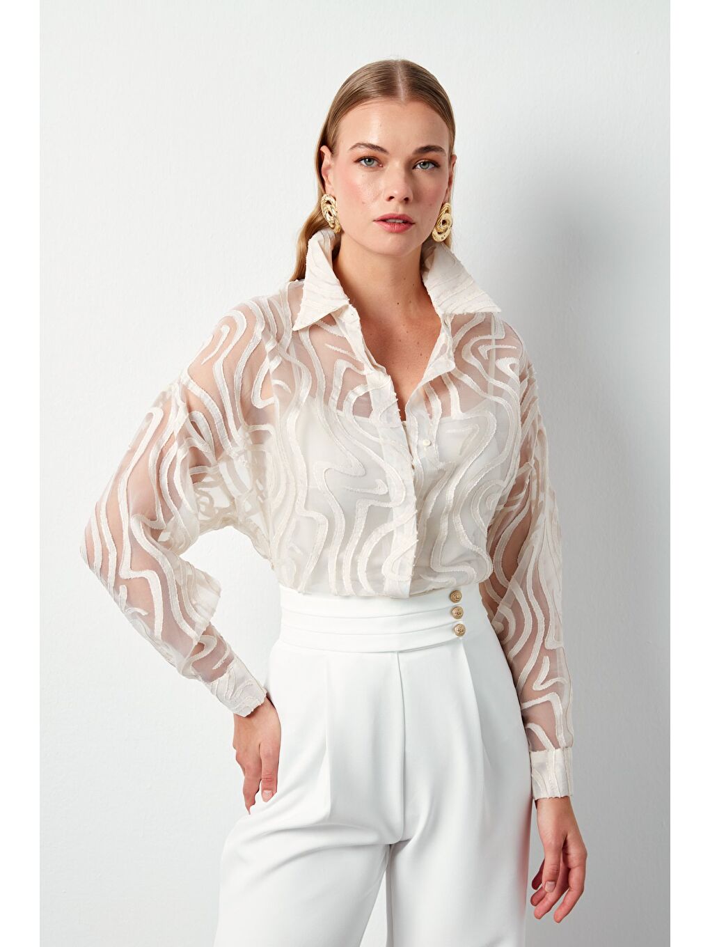 Bej Desenli Tül Gömlek - Taş-2