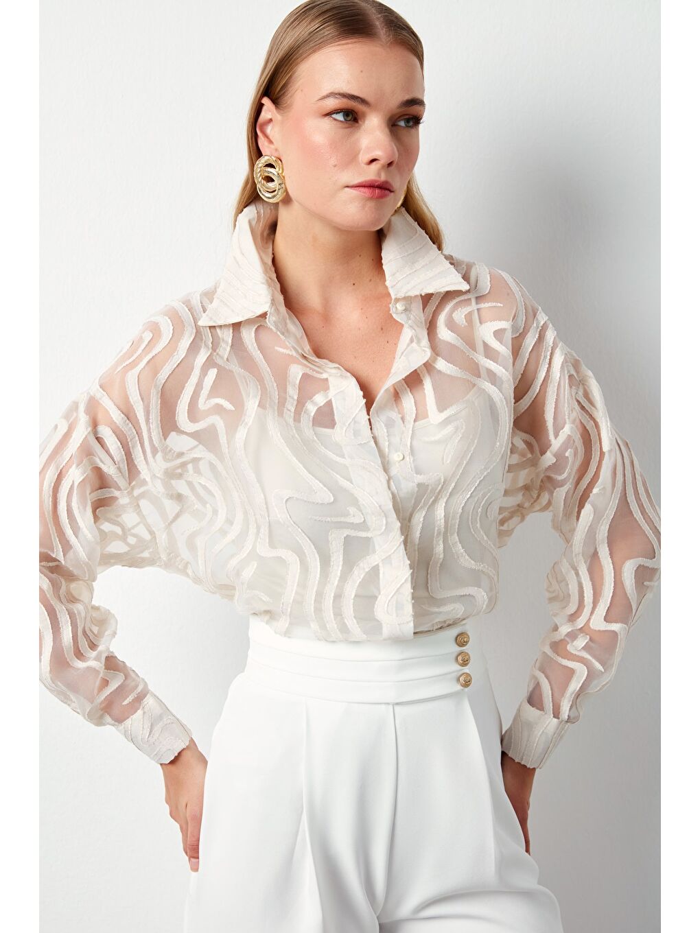 Bej Desenli Tül Gömlek - Taş-3