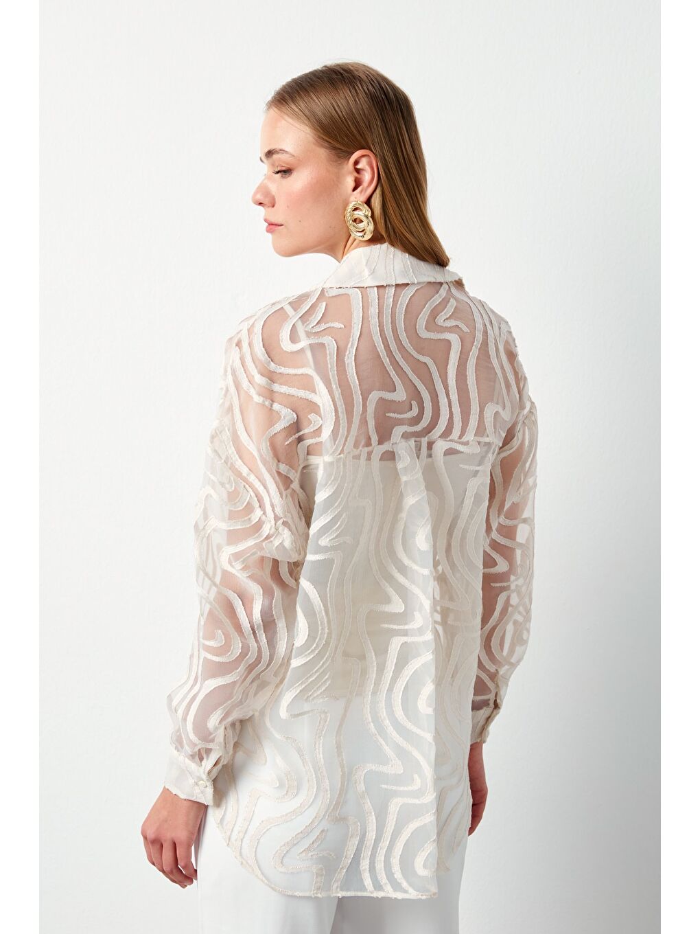 Bej Desenli Tül Gömlek - Taş-4