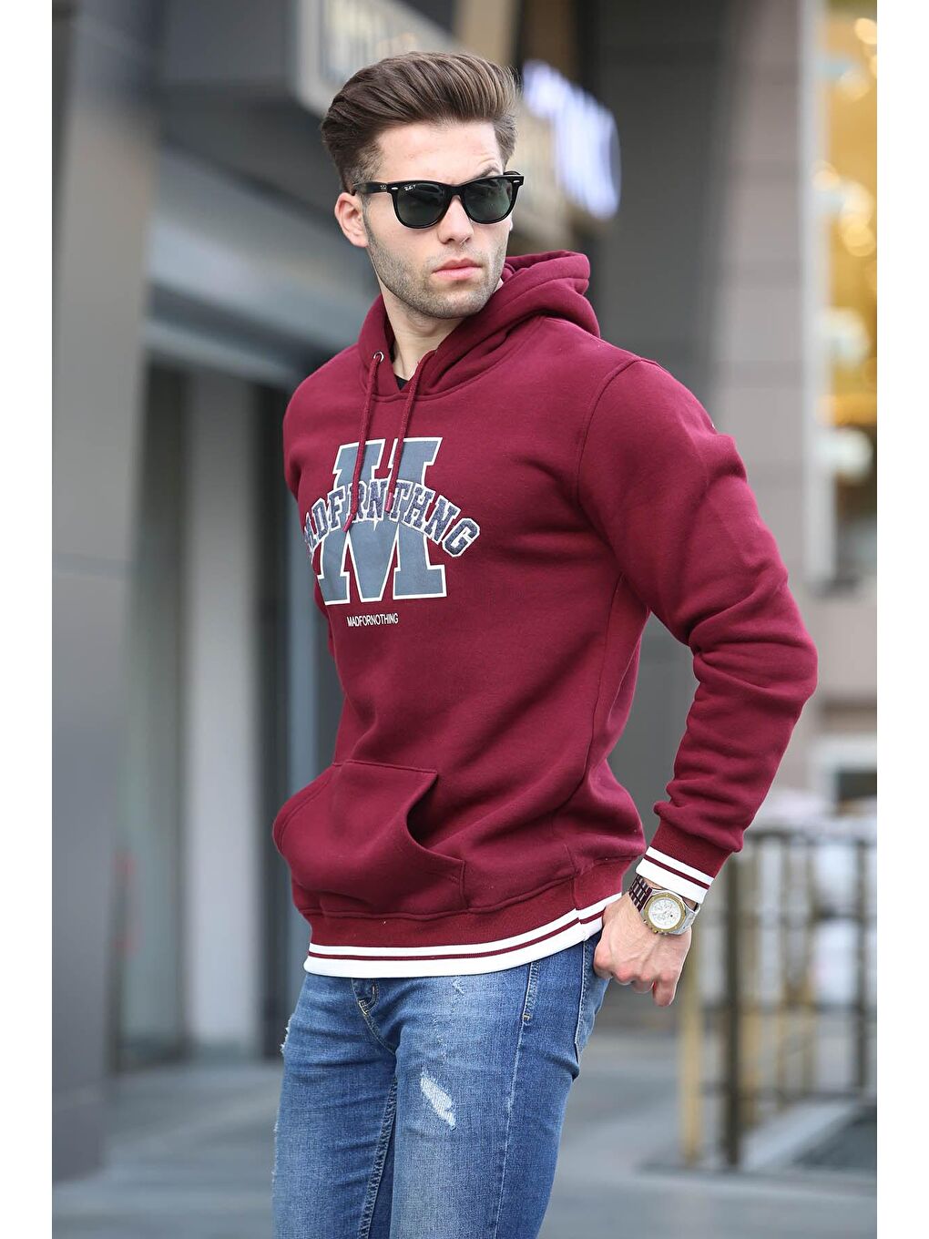 Madmext Bordo Nakışlı Kapüşonlu Sweatshirt 6012