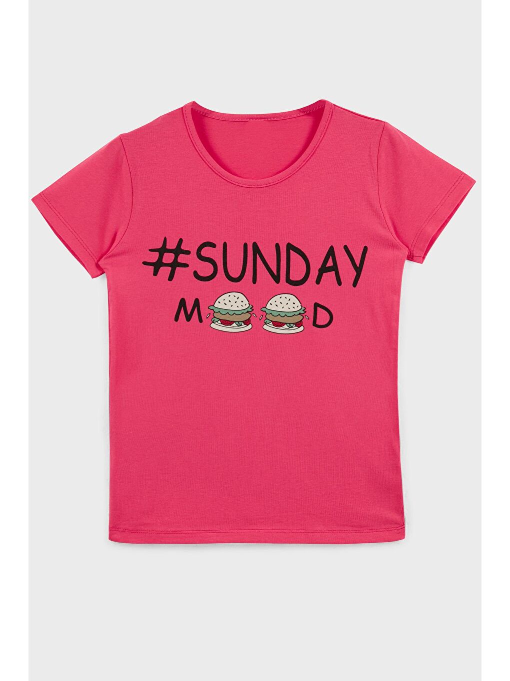 Fuşya Baskılı Bisiklet Yaka Pamuklu T Shirt 5922616