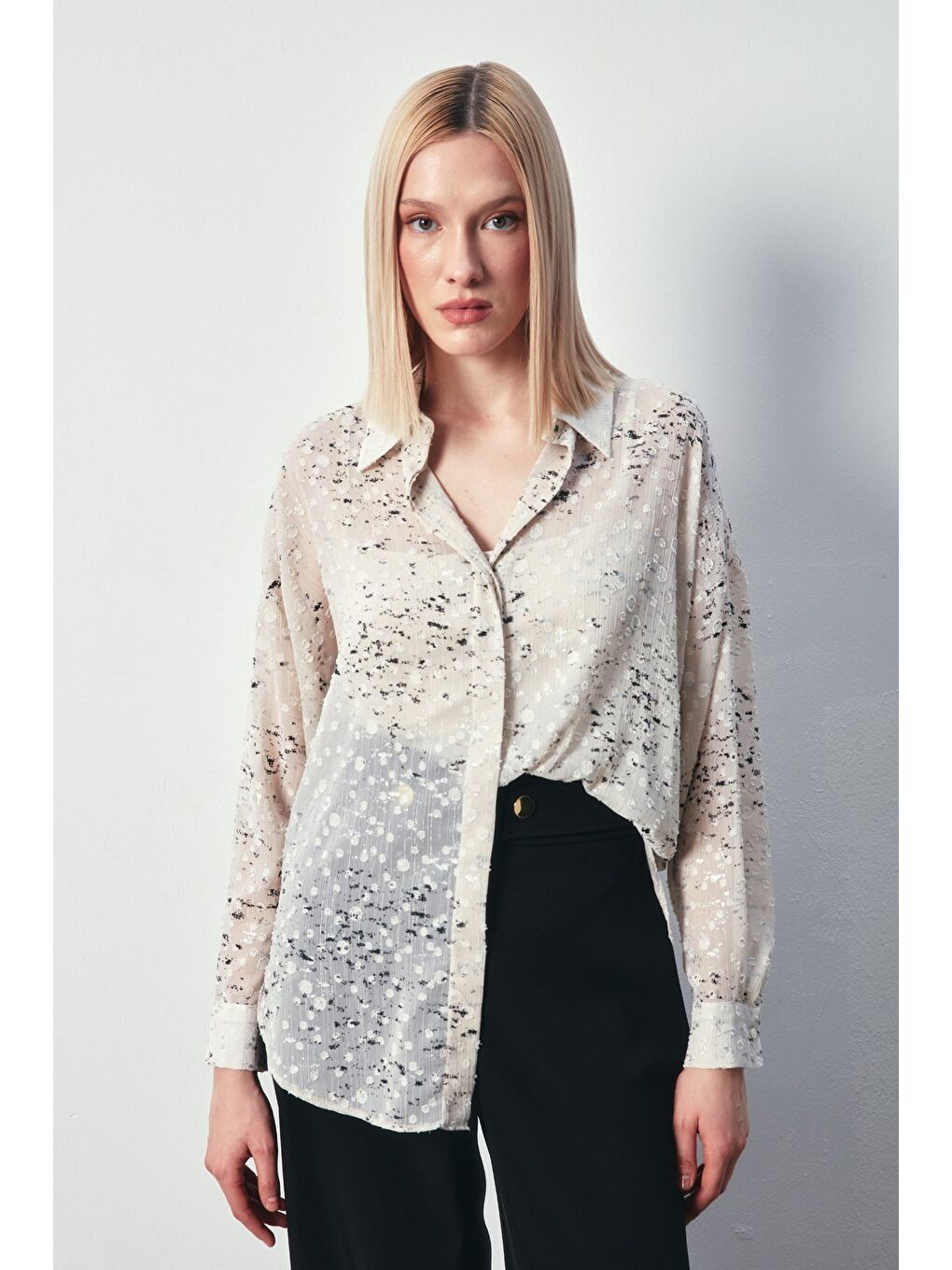 Gri Varaklı Geniş Gömlek - Taş-Gümüş-2