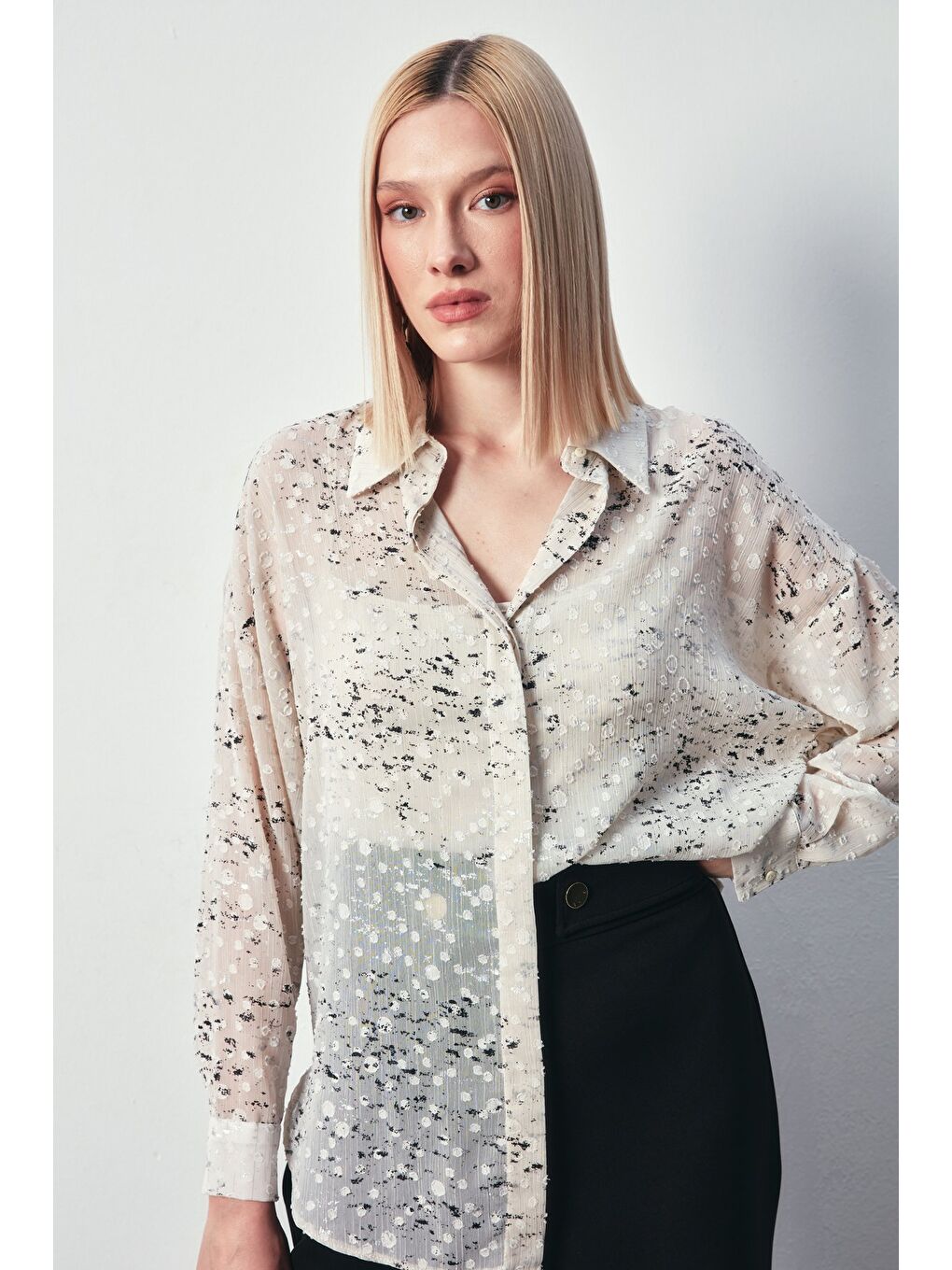 Gri Varaklı Geniş Gömlek - Taş-Gümüş-4