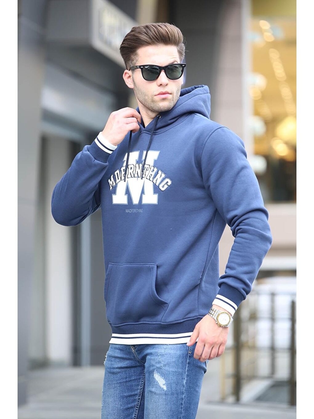 Lacivert Nakışlı Kapüşonlu Erkek Hoodie 6012