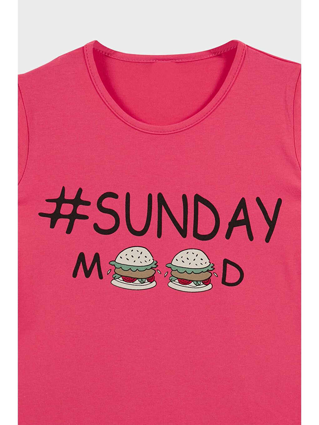 Fuşya Baskılı Bisiklet Yaka Pamuklu T Shirt 5922616-2