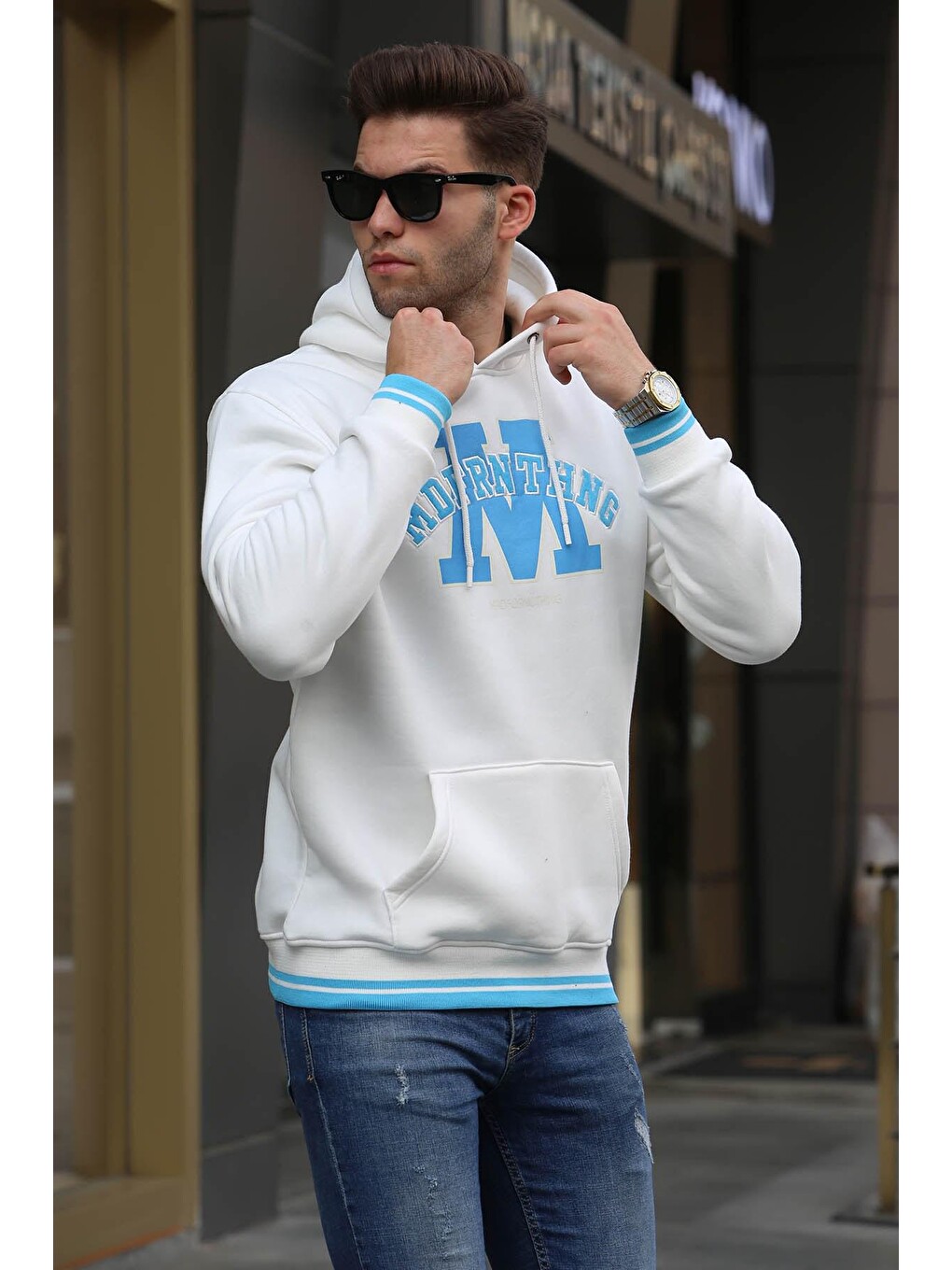 Ekru Nakışlı Kapüşonlu Erkek Hoodie 6012