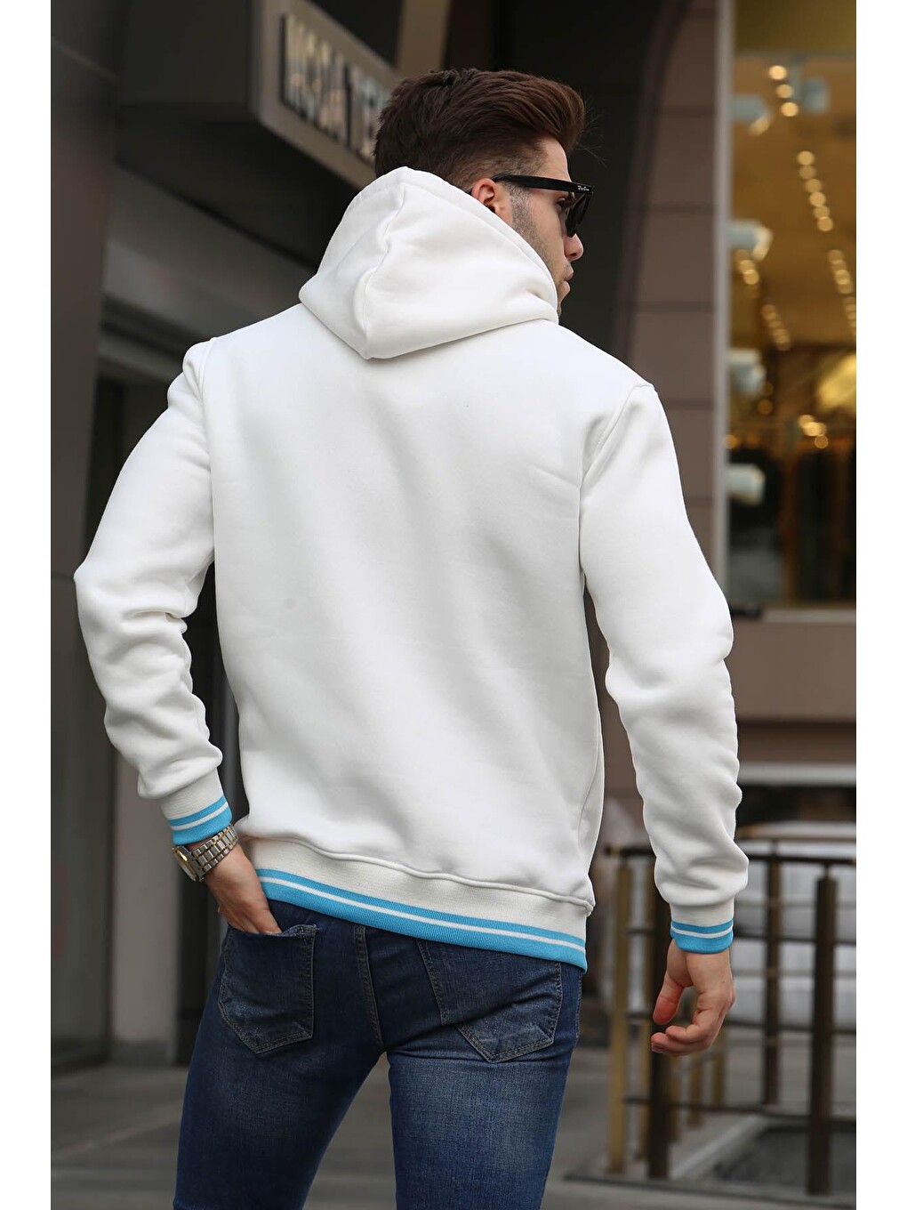 Ekru Nakışlı Kapüşonlu Erkek Hoodie 6012-1