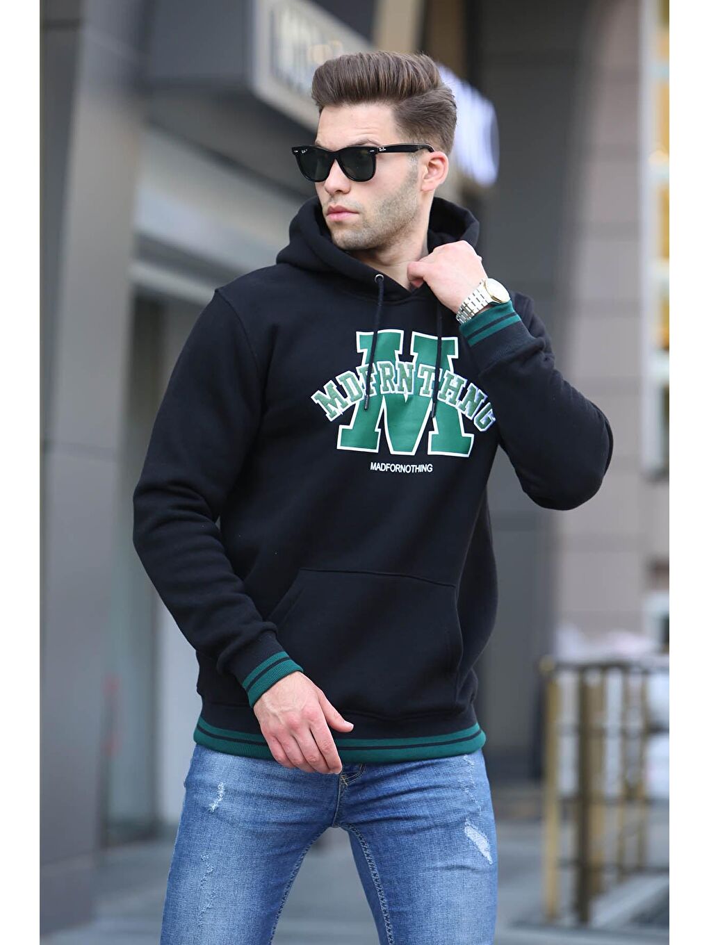 Madmext Siyah Nakışlı Kapüşonlu Sweatshirt 6012