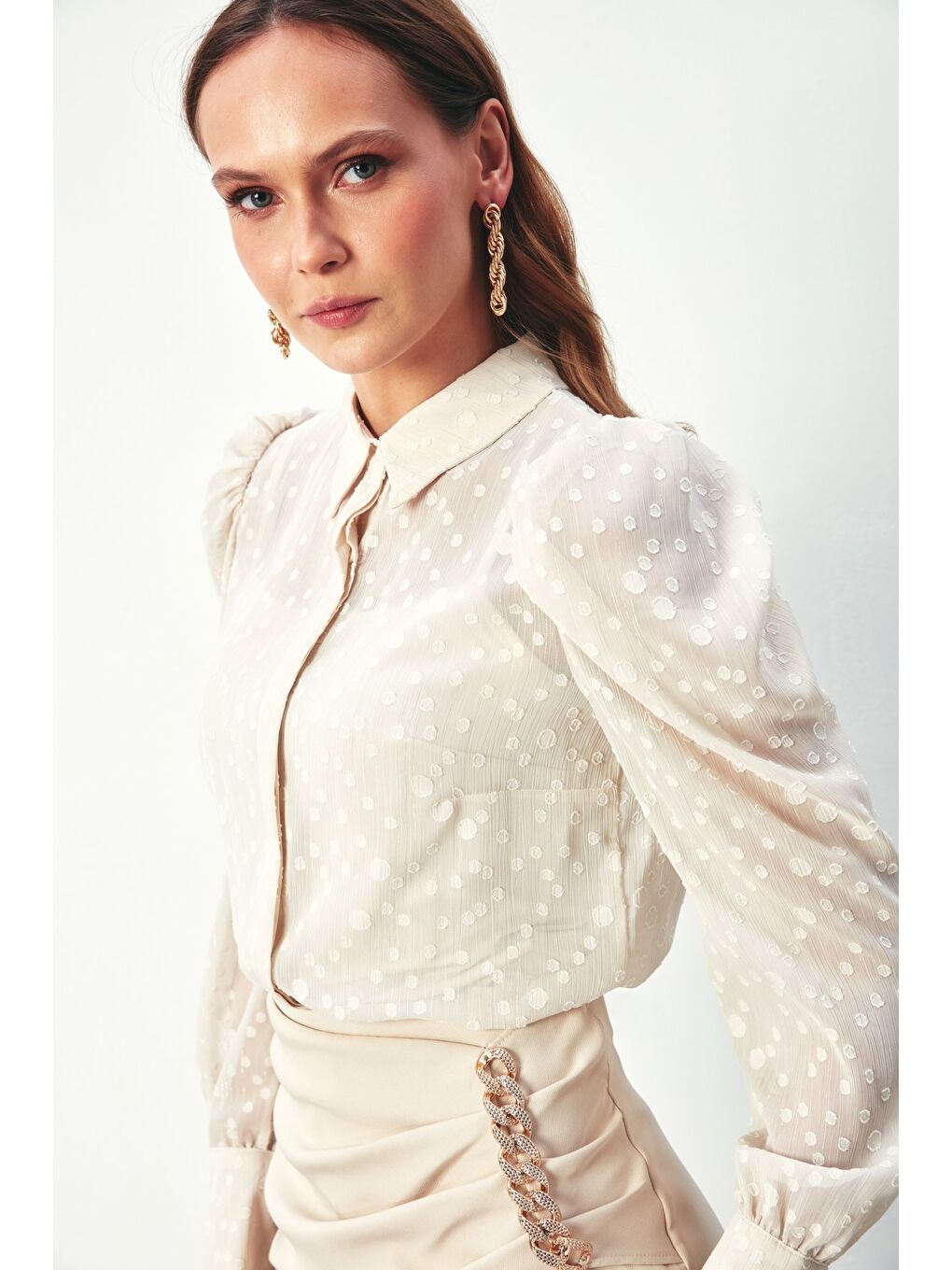 Bej Puantiye Dokulu Gömlek - Taş