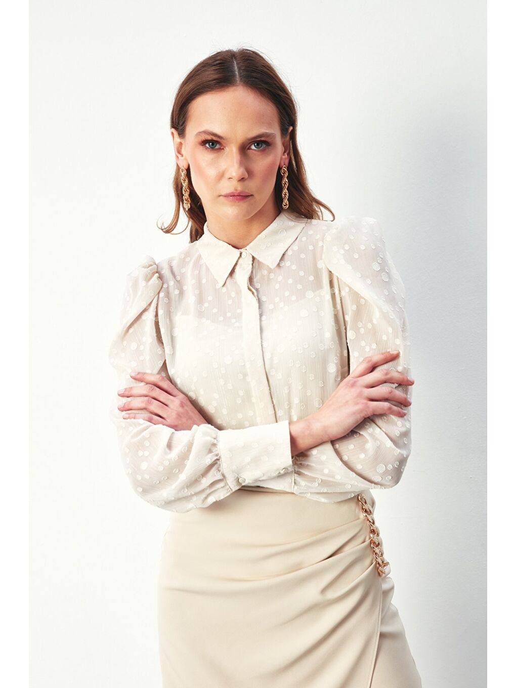 Bej Puantiye Dokulu Gömlek - Taş-3