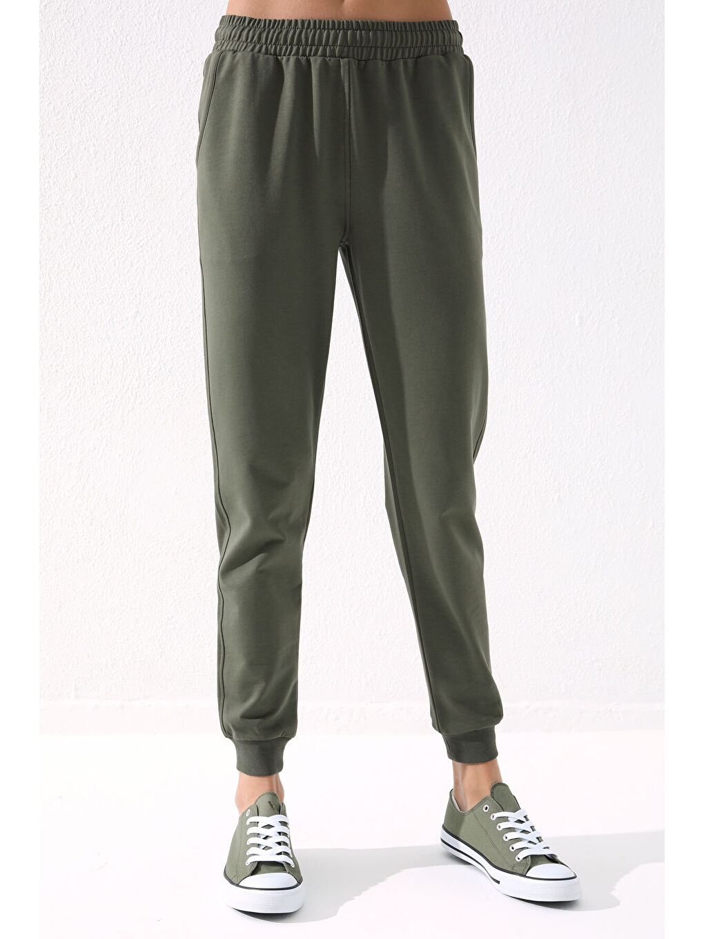 Haki Yüksek Bel Jogger Rahat Form Manşetli Kadın Eşofman Alt - 94561-1