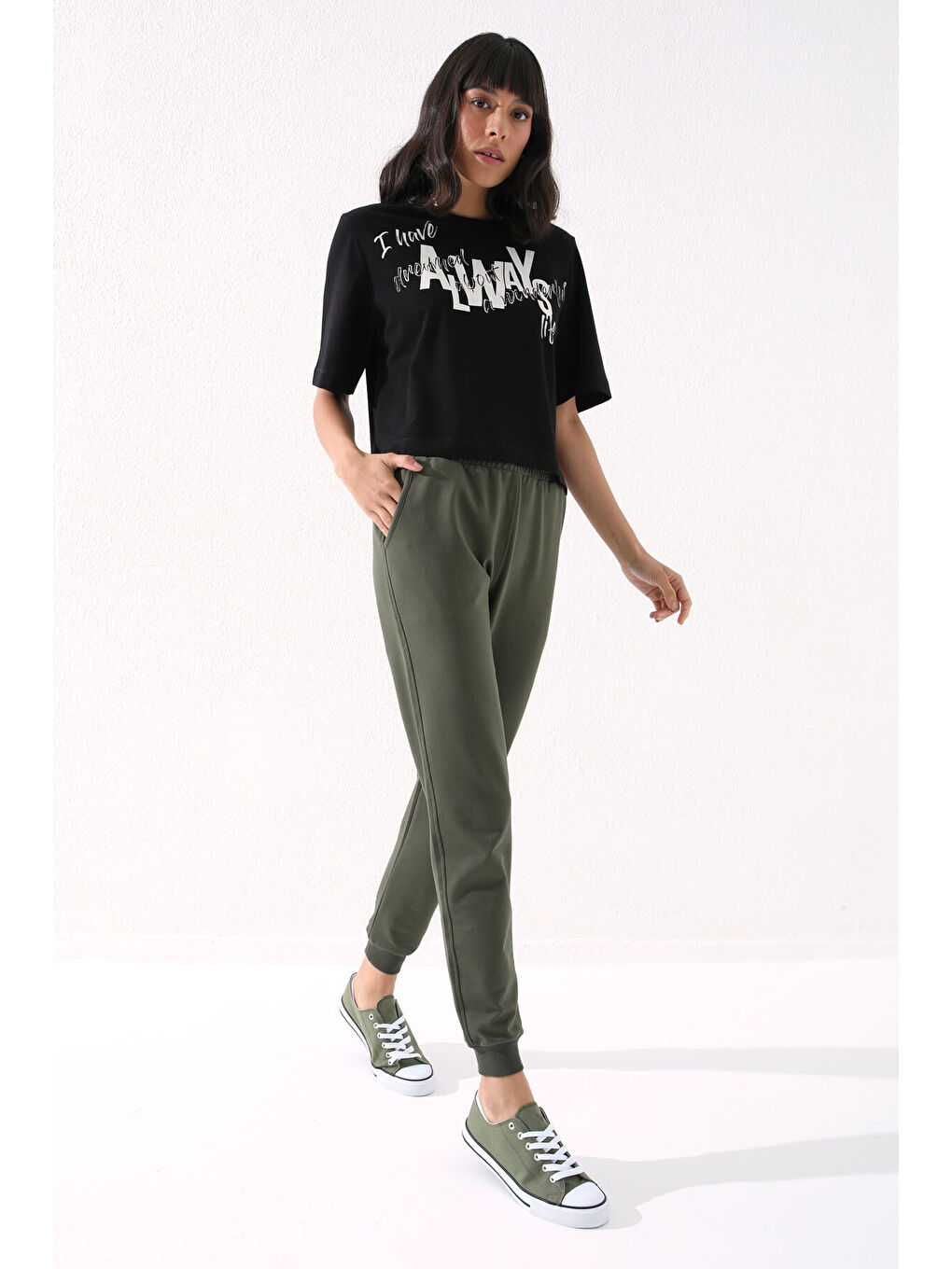 Haki Yüksek Bel Jogger Rahat Form Manşetli Kadın Eşofman Alt - 94561-2