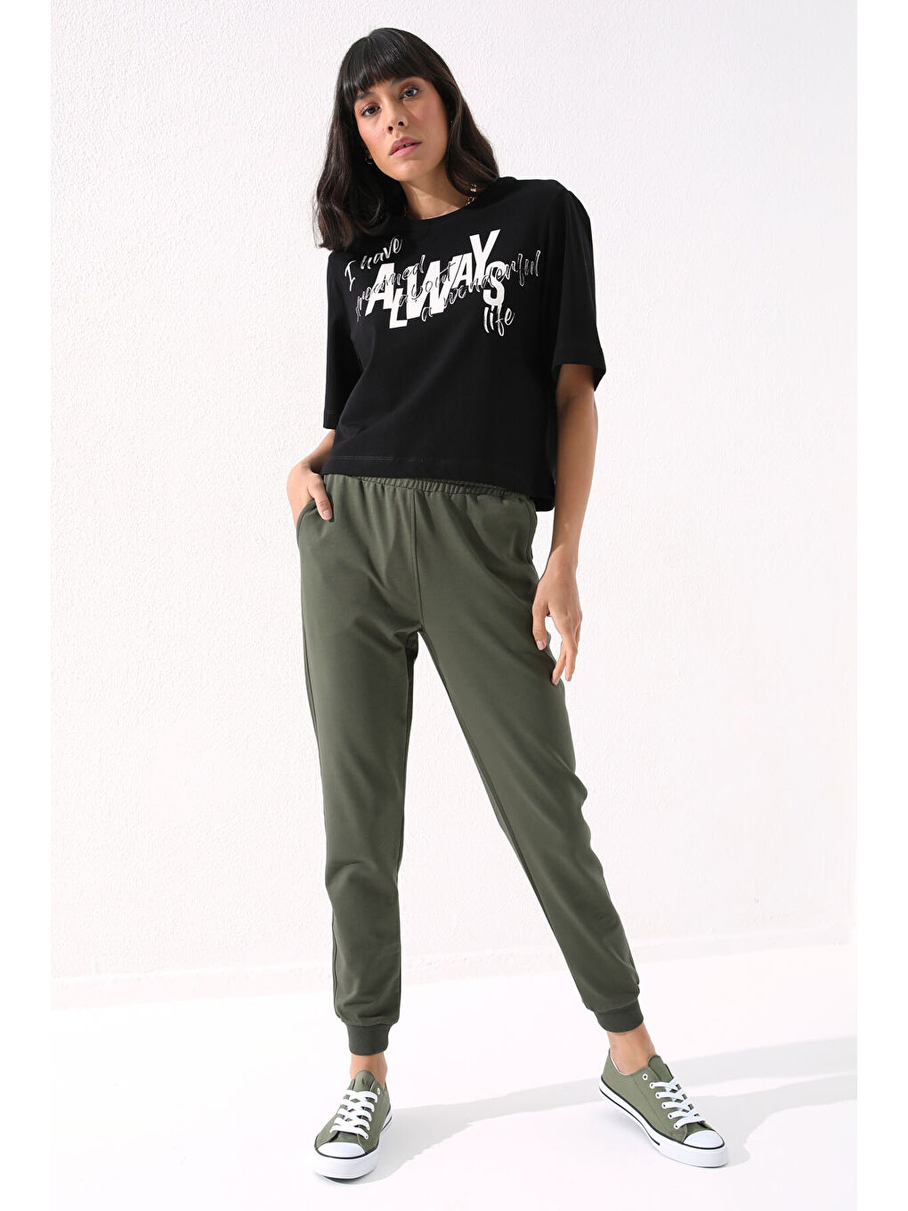 Haki Yüksek Bel Jogger Rahat Form Manşetli Kadın Eşofman Alt - 94561-4