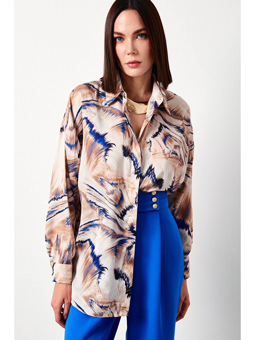 Desenli Salaş Gömlek - Bej