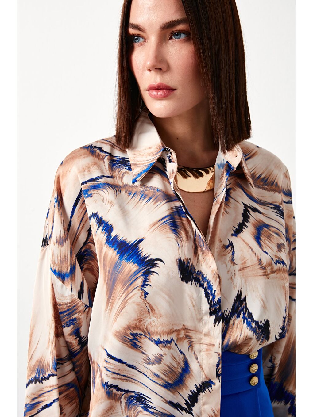 Desenli Salaş Gömlek - Bej-1