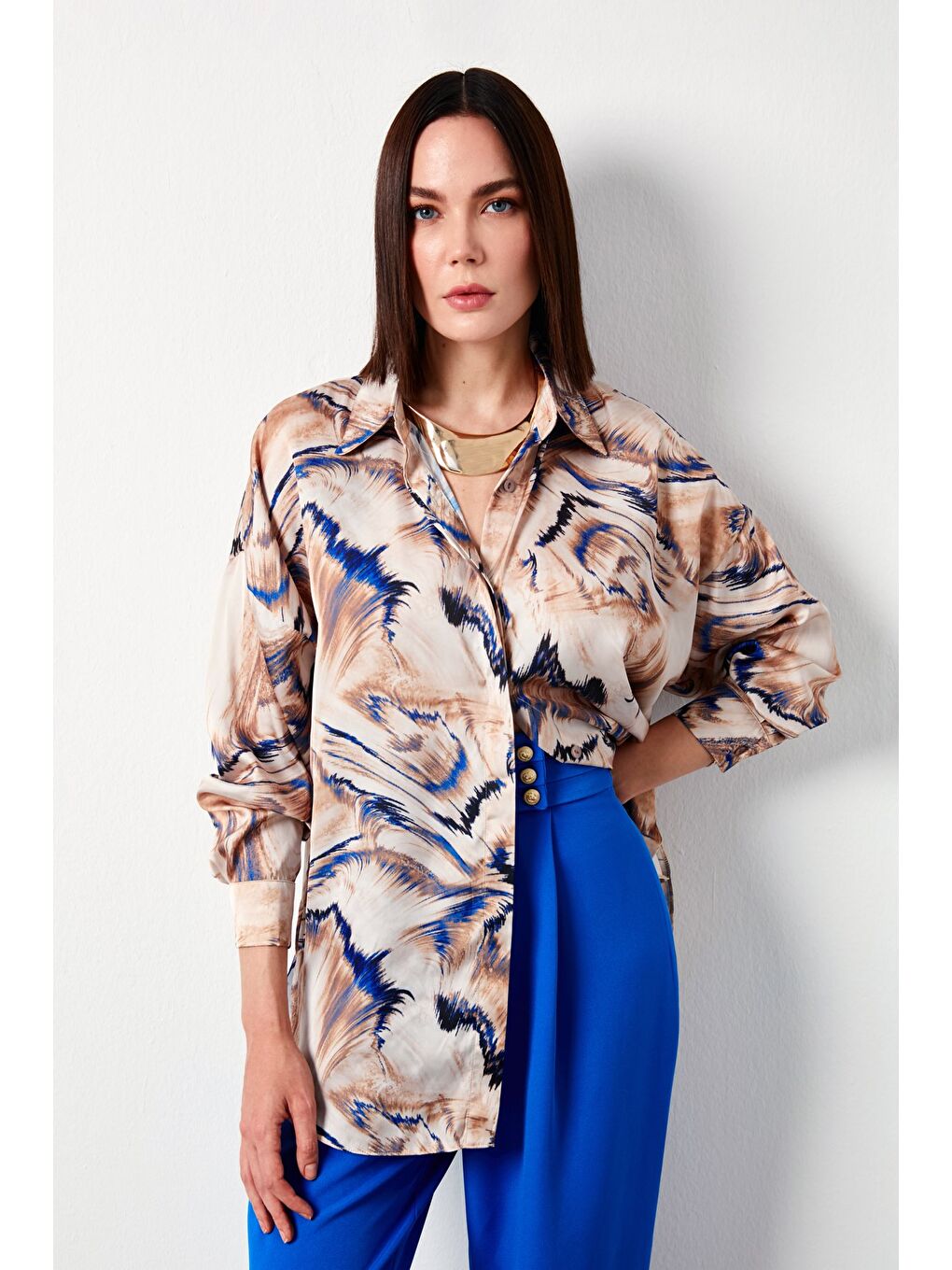 Desenli Salaş Gömlek - Bej-2