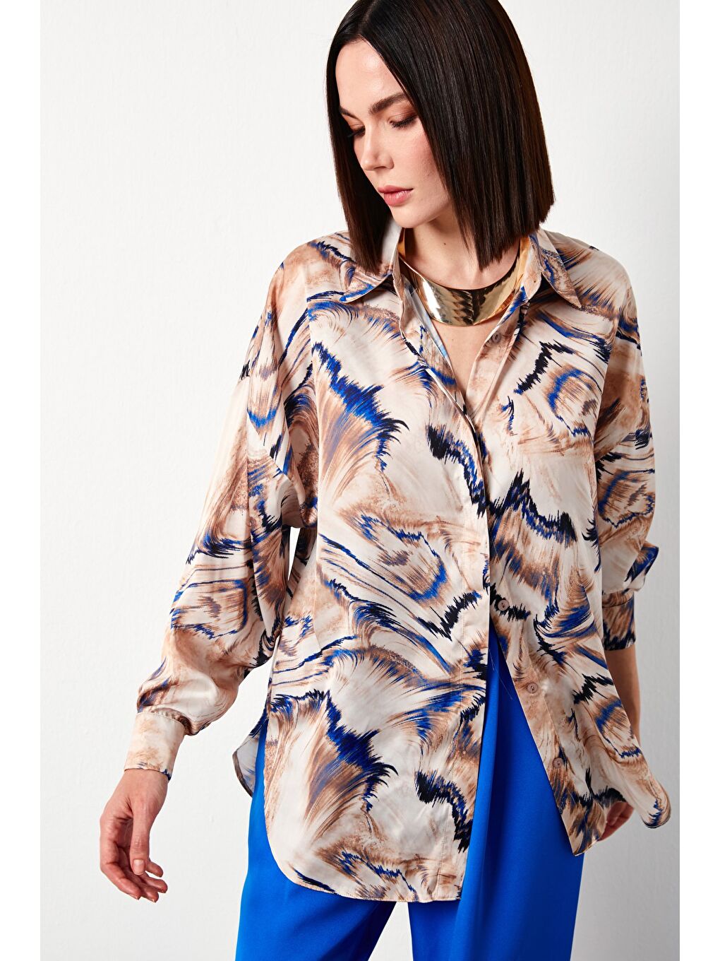 Desenli Salaş Gömlek - Bej-3