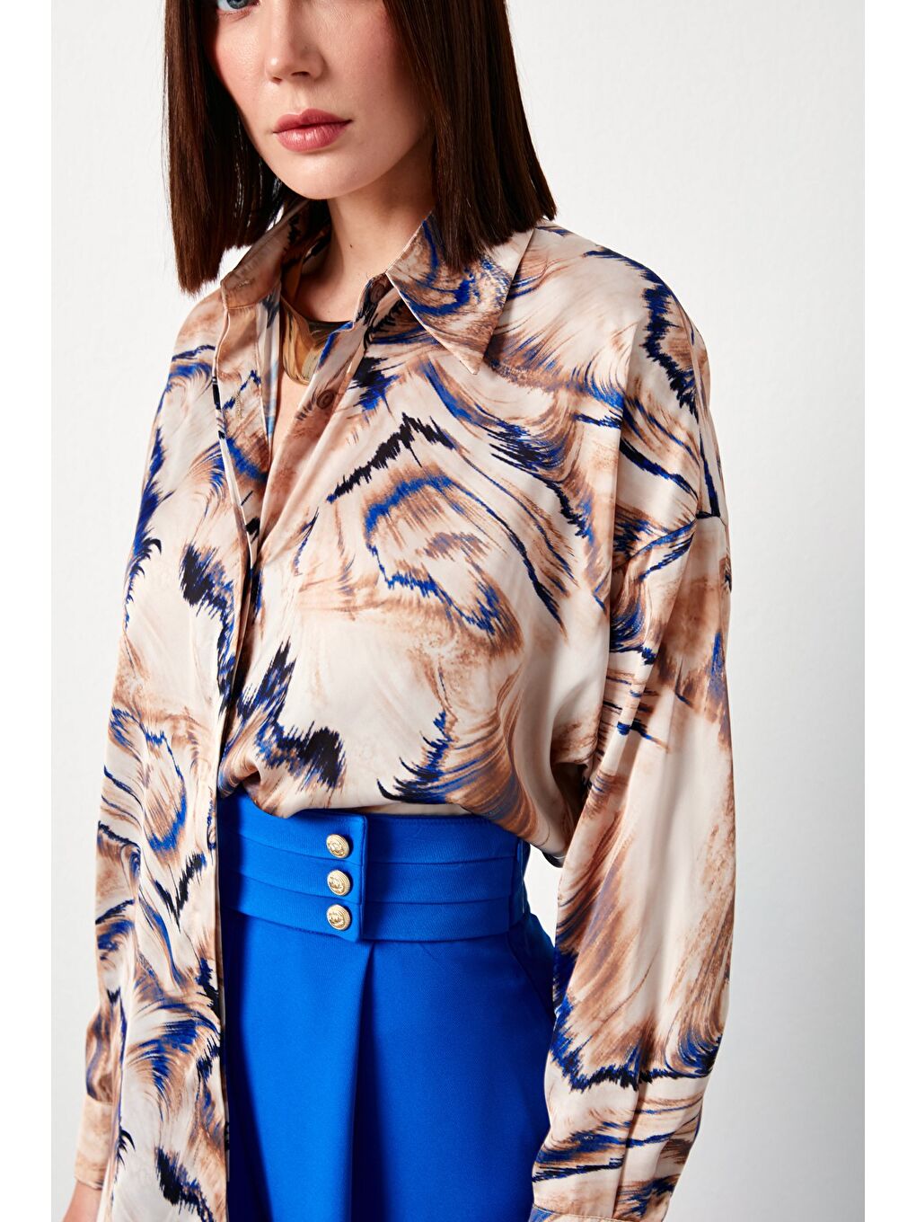 Desenli Salaş Gömlek - Bej-4