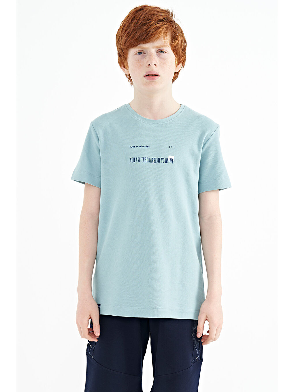 Açık Mavi Baskı Detaylı O Yaka Standart Kalıp Erkek  Çocuk Tişört - 11117