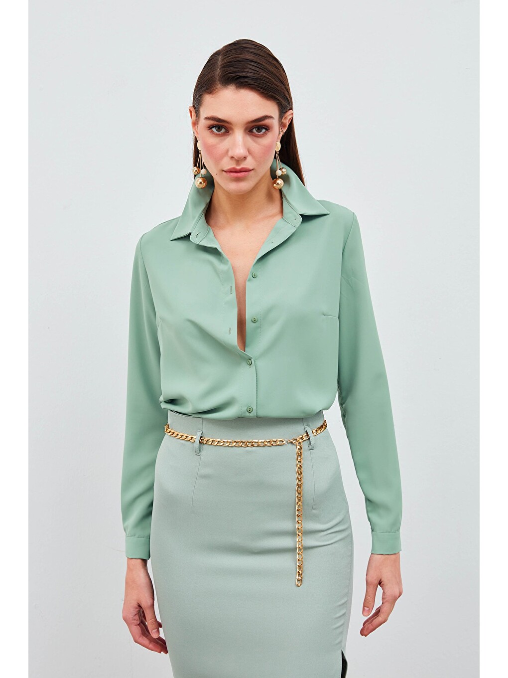 Yeşil Düz Klasik Gömlek - Mint-3