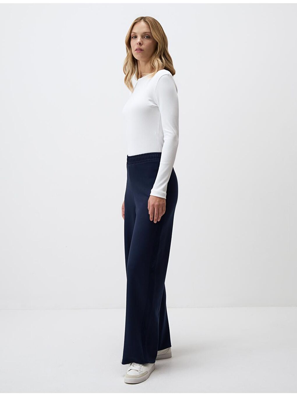 Lacivert Rahat Kesim Yüksek Bel Bol Paça Örme Pantolon-1