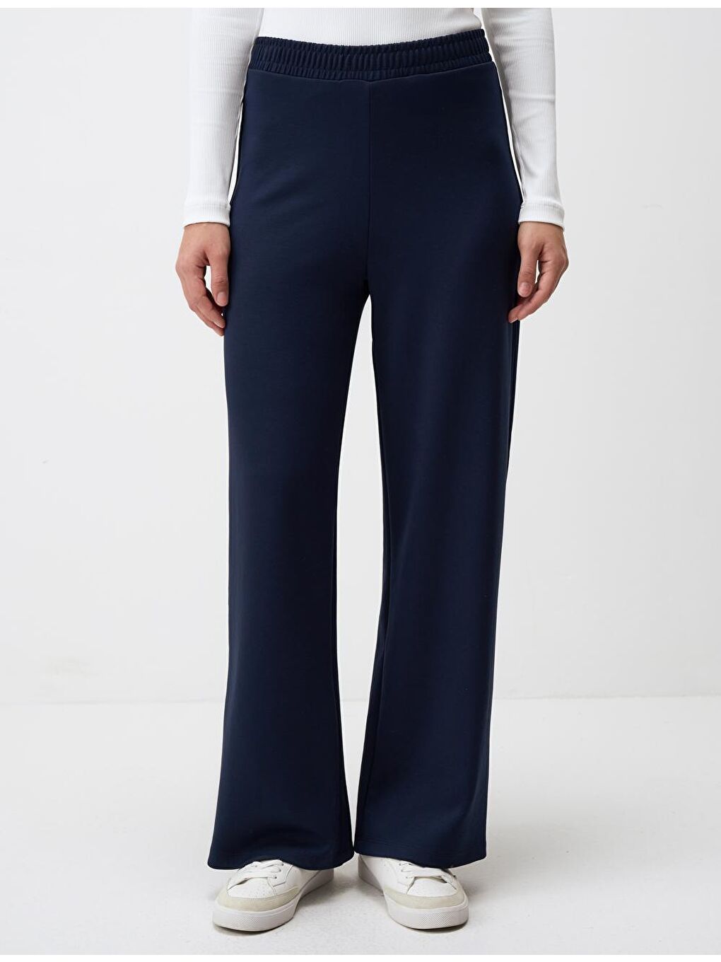 Lacivert Rahat Kesim Yüksek Bel Bol Paça Örme Pantolon-3