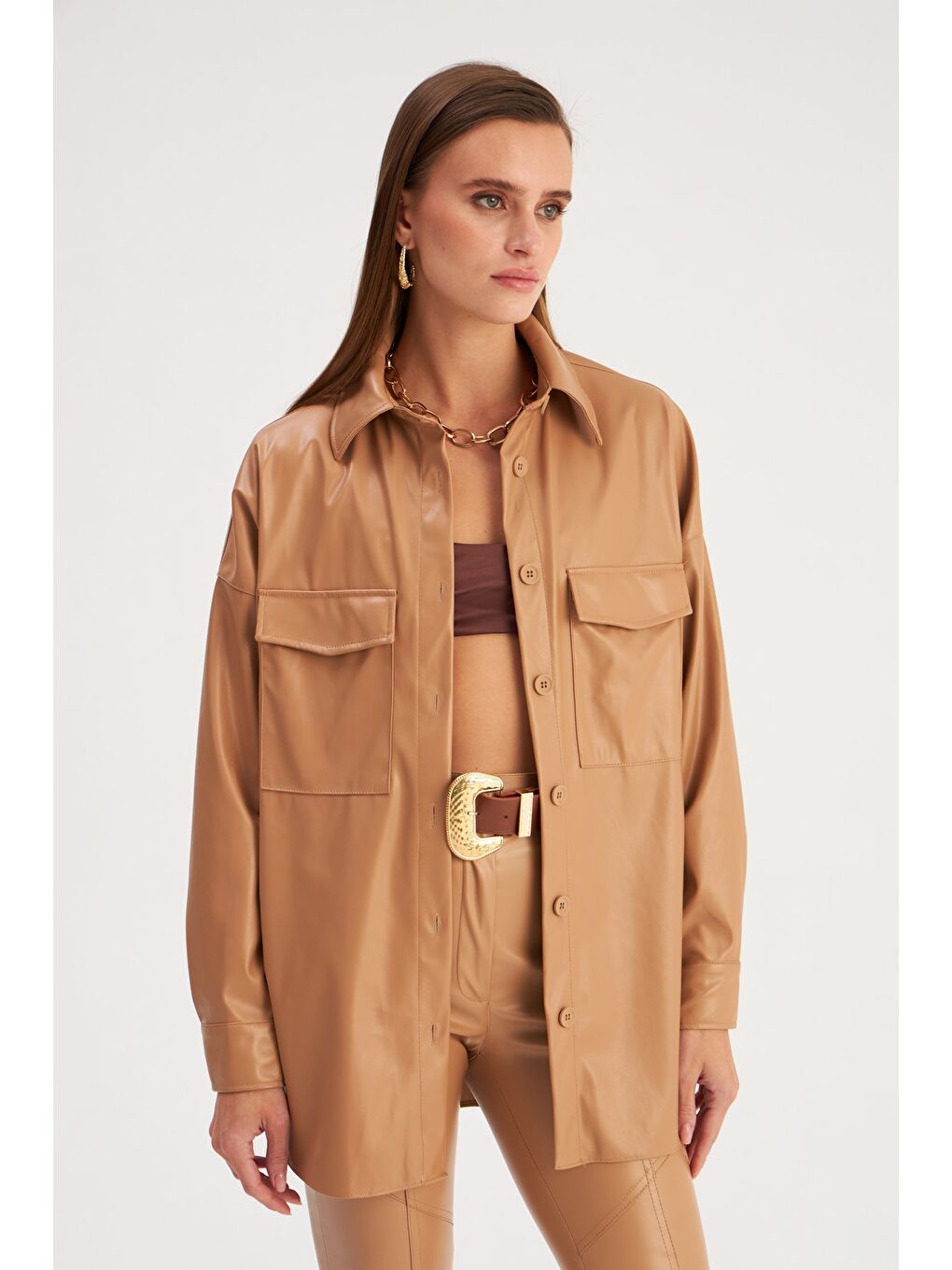 Cepli Uzun Deri Gömlek - Bej