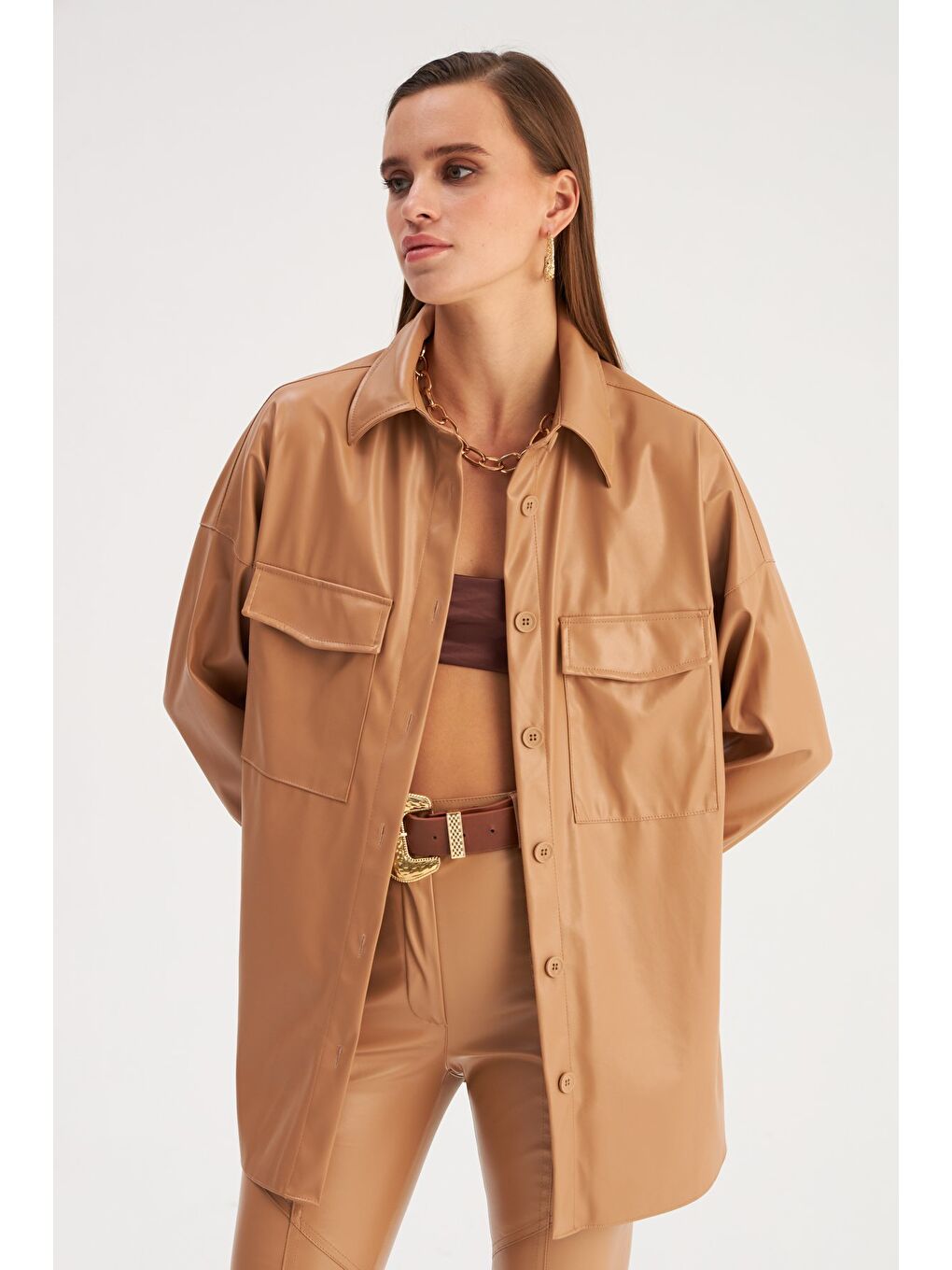 Cepli Uzun Deri Gömlek - Bej-2