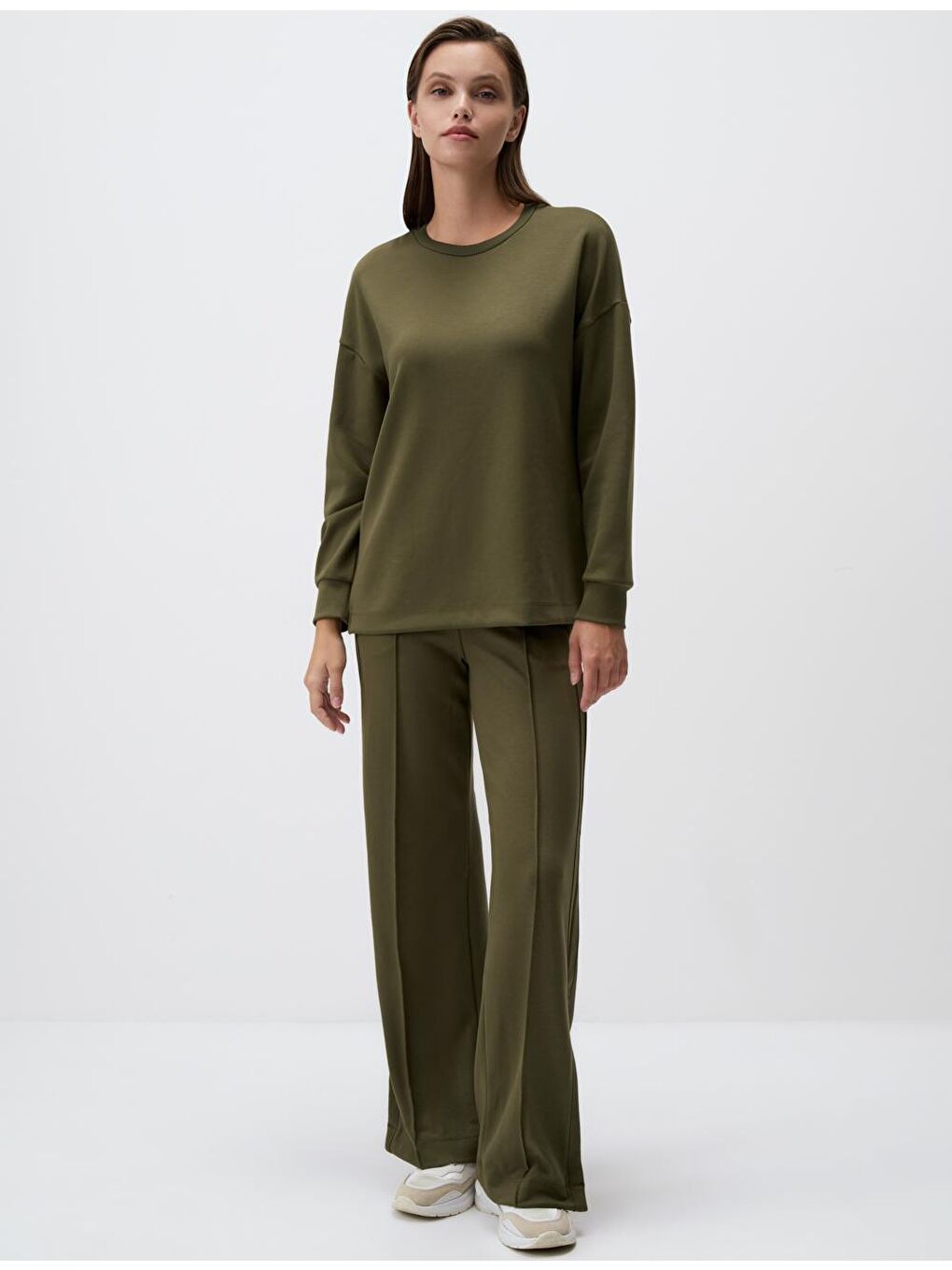 Haki Yüksek Bel Bol Paça Yırtmaçlı Rahat Pantolon