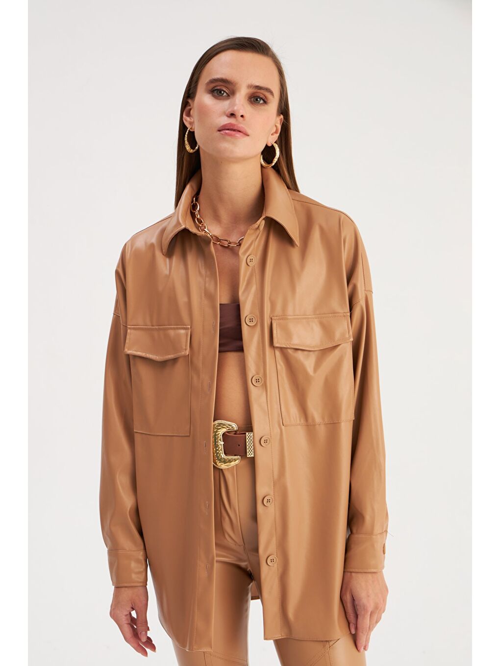 Cepli Uzun Deri Gömlek - Bej-3