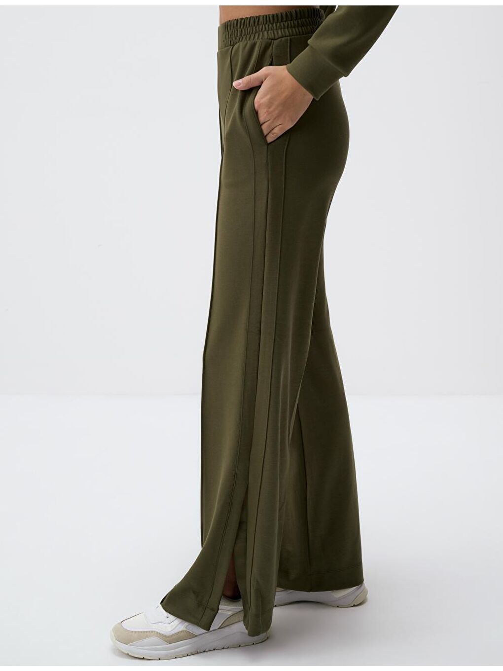 Haki Yüksek Bel Bol Paça Yırtmaçlı Rahat Pantolon-3